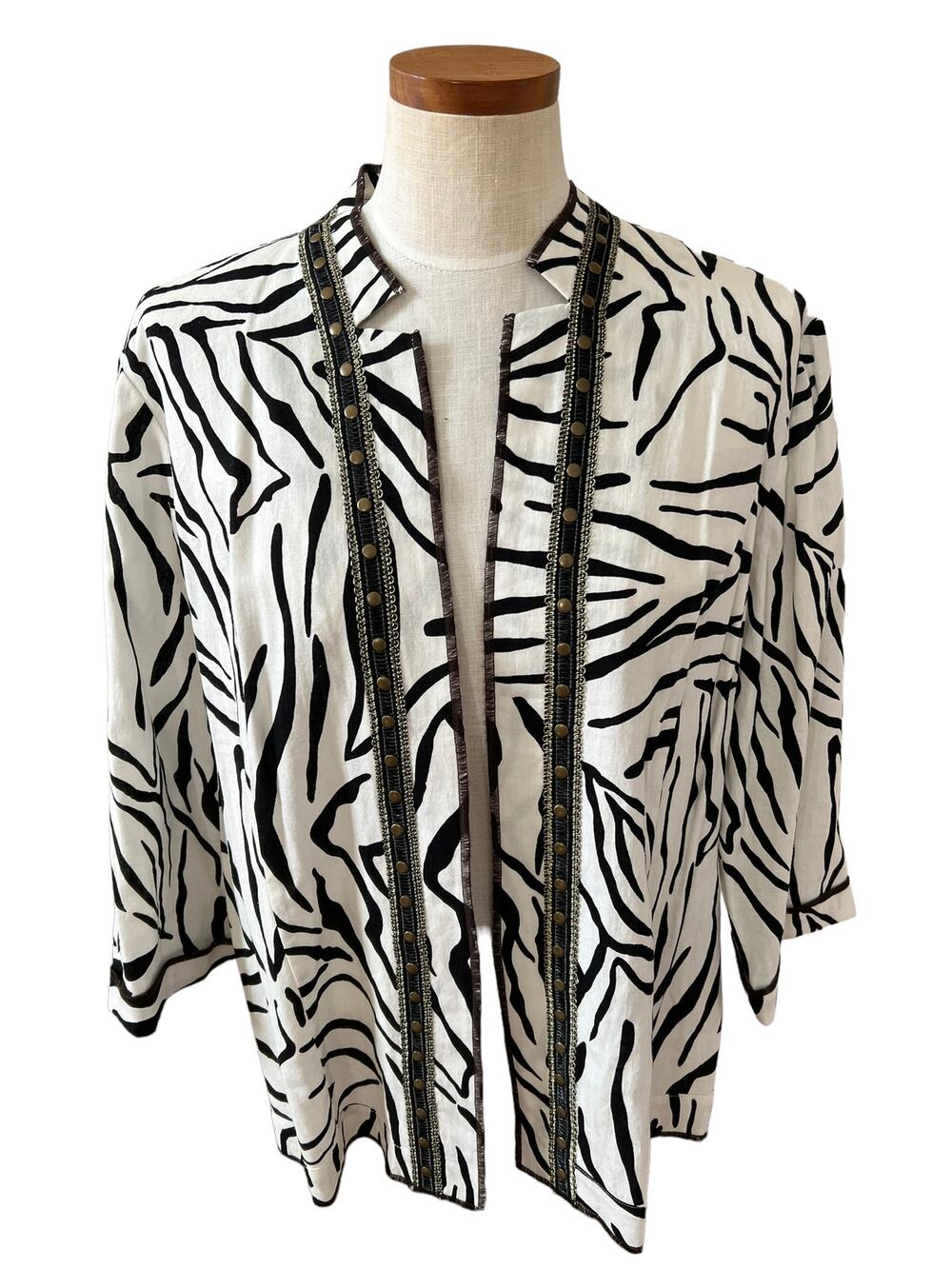 Chicos Collarless Open Front Jacket Linen Zebra Print 3